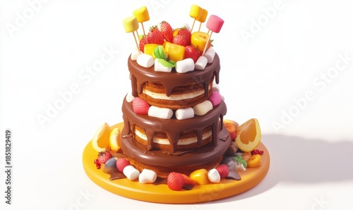 Three tier cake with strawberry marshmallow and chocolate decoration