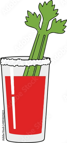 A cartoon illustration of a Bloody Mary cocktail with a celery stick and a salted rim.