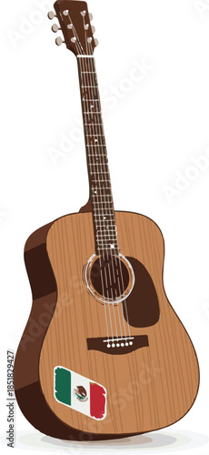 Wooden acoustic guitar featuring a Mexican flag decal, isolated on a white background.