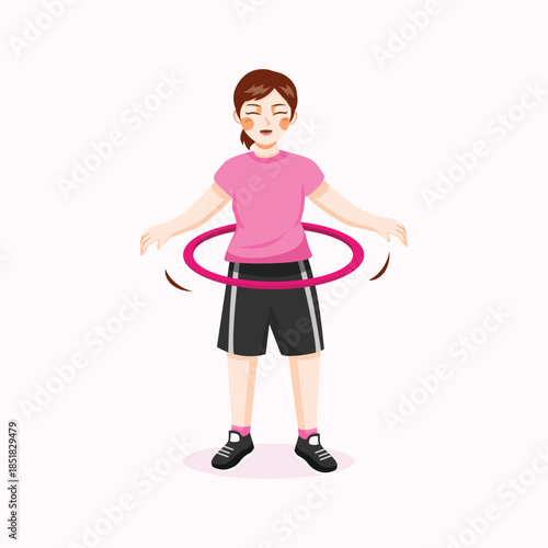 A flat illustration of a woman exercising with a hula hoop, representing fitness routines and an active healthy lifestyle.