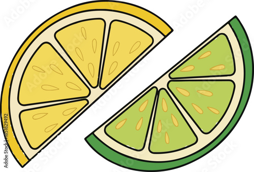 Two citrus fruit slices, one yellow lemon and one green lime, cut in half and showing their segments.