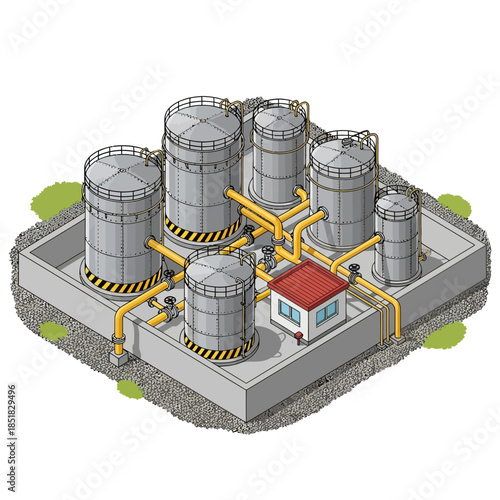 Industrial storage tanks with pipes and control building in a containment area.