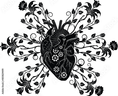 Mechanical anatomical heart, fusion of gears and flowers, symbolic bioengineering concept, black and white illustration, emotional technology metaphor, steampunk art