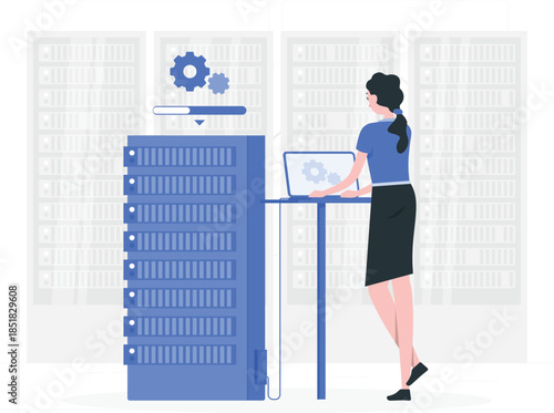 Woman working on laptop next to server with gears and progress bar computer des