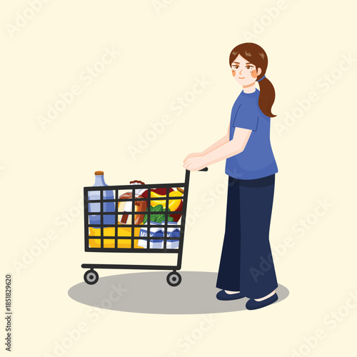 A flat illustration of a woman pushing a shopping cart filled with groceries, representing daily shopping activities and modern lifestyle routines.
