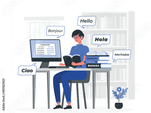 Woman working on computer with translation software and language books dictionary des