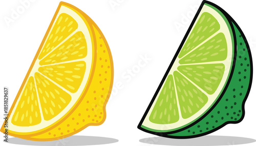 Two vibrant citrus fruit wedges, one yellow lemon and one green lime, side by side on a white background.