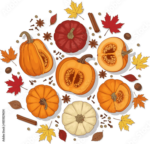 Create a Top view of a Thanksgiving arrangement with pumpkins, autumn leaves, spices, vector art with white background.Create a Top view of a Thanksgiving arrangement with pumpkins, vector art.
