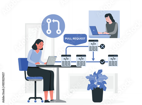 Woman working on laptop with pull request flowchart and coworker on call computer des