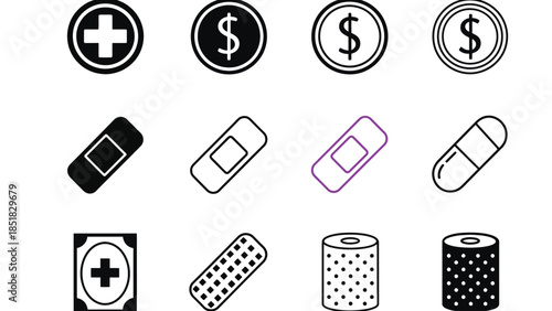 Medical and finance icons for health and business concepts