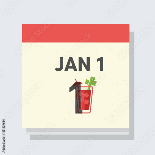 A calendar page showing 'JAN 1' with a Bloody Mary cocktail illustration, symbolizing New Year's Day.