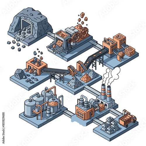 Isometric illustration of a comprehensive mining and processing operation.