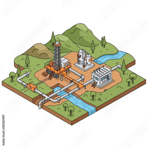 Isometric illustration of an oil and gas refinery with pipelines and natural landscape.
