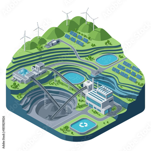 Isometric illustration of a sustainable energy production and mining facility.