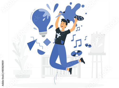 Young artist jumping with paintbrush and palette surrounded by creative symbols young man person des
