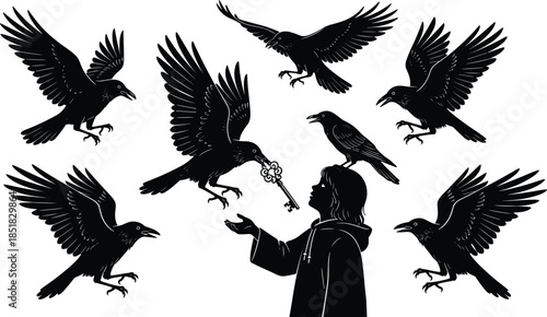 Mystical silhouette of hooded figure with ravens, ornate key symbolism, black and white illustration, folklore, mystery, spiritual concept art