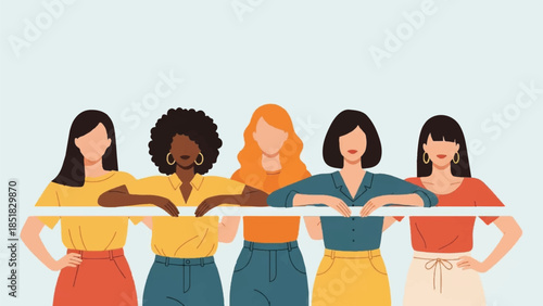 Diverse group of women standing together, representing unity and empowerment against a light blue background