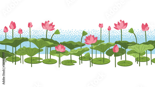 Beautiful Pink Lotus Flowers and Leaves Seamless Horizontal Vector Border
