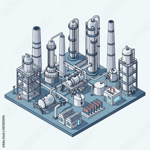 Isometric Industrial Chemical Plant with Towers and Tanks.