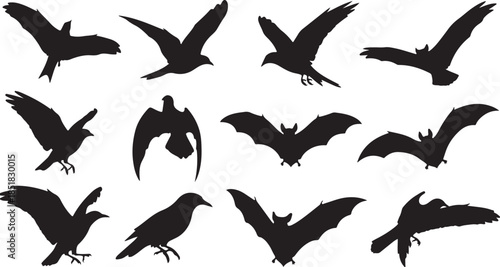 Collection of bird and bat silhouettes