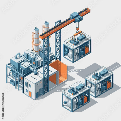 Isometric Industrial Construction Site with Crane and Modular Units.
