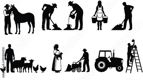 Farmers working on rural farm with animals and equipment