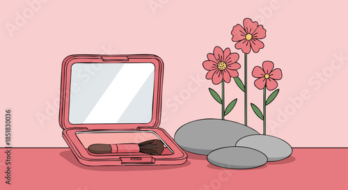 Illustration of Compact Blusher Powder with Makeup Brush and Zen Stones with Flowers