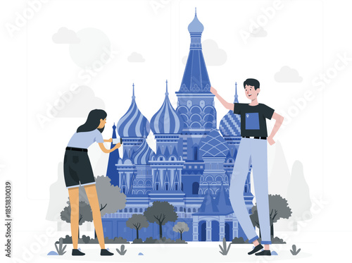 Young tourists taking of St Basil's Cathedral Moscow travel smartphone d