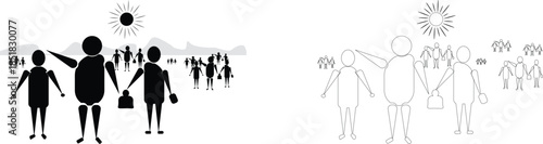 Abstract vector illustration featuring grass and wheat silhouettes on a colorful background with a crowd of people symbolizing teamwork business and success