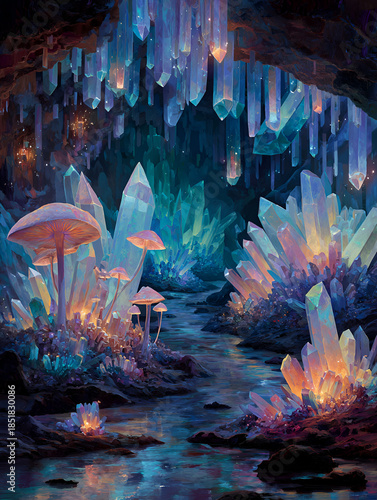 Stunning Fantasy Cave Filled with Vibrant Blue and Pink Bioluminescent Crystals and a Glowing Underground River, Ethereal Subterranean Landscape Concept, Magical World with Shimmering Minerals and Neo