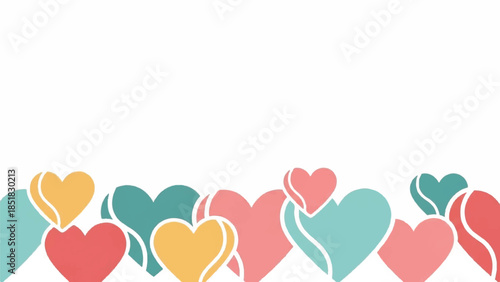 A delightful illustration featuring a border of colorful, heart-shaped elements against a clean white background, perfect for themes of love, affection, and celebration