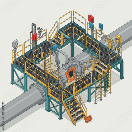 Isometric Industrial Pipeline Structure with Valves and Platforms.