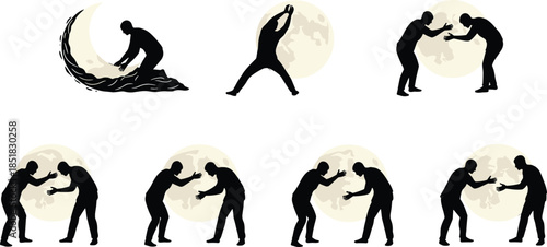Silhouette figures performing ritualistic poses in front of moon, symbolizing movement, interaction, dance, martial arts, and celestial harmony