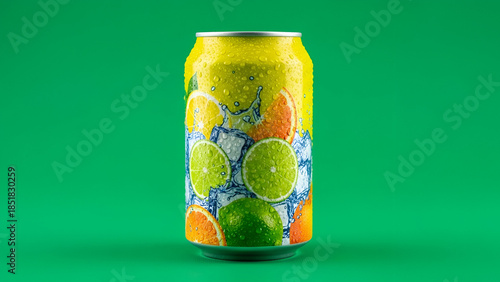 Close-up shot of a colorful soda can with fruit design on a green background.