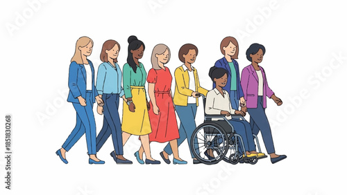 Diverse group of women walking together, including one in a wheelchair, symbolizing inclusion and unity