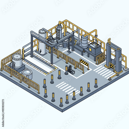 Isometric Industrial Plant with Tanks and Machinery.