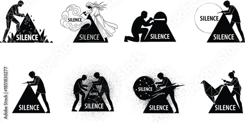 Silhouette figures carving silence concept, abstract human struggle with silence, metaphor illustration, emotional expression, communication conflict, minimal surreal art