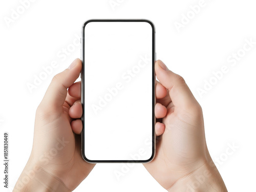 Hands holding smartphone, isolated on transparent background
