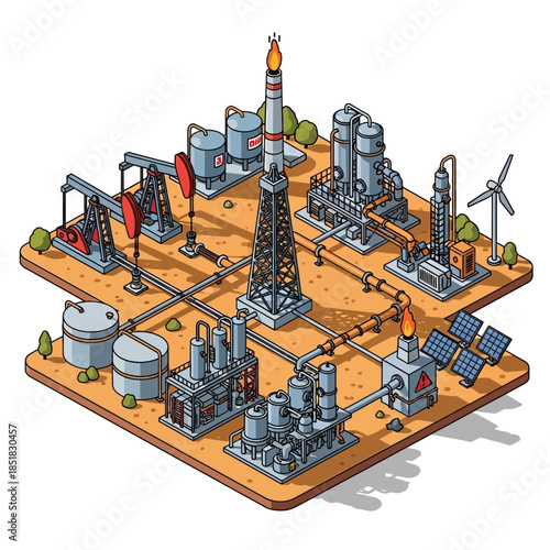 Isometric Oil and Gas Industry with Renewable Energy Integration.