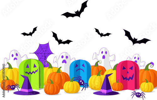 Create a Vivid purple side view featuring black bats, mini pumpkins, and colorful paper crafts. Ideal for Halloween themes, festive atmospheres, and spooky celebrations vector art.