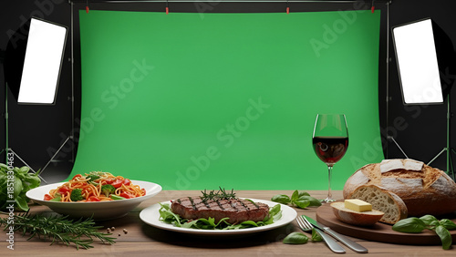 Still life of a table set with a salad, steak, bread, and a glass of red wine against a green screen background in a studio setting with soft lighting.
