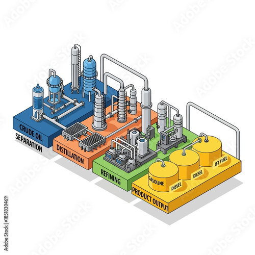 Isometric Oil Refinery and Gas Processing Plant Illustration.