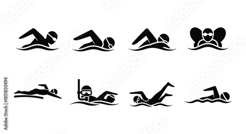 Illustrative depiction of various swimming strokes and aquatic activities in silhouette
