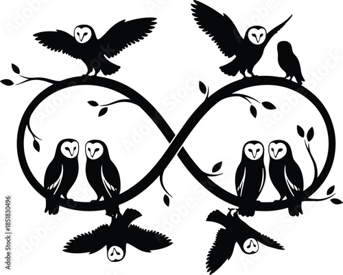 Silhouette of barn owls perched and flying around an infinity symbol formed by tree branches, representing eternal wisdom, nature’s balance, and the cycle of life.