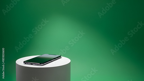 A smartphone lies on a white cylindrical pedestal against a green gradient background with soft lighting.