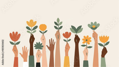 Diverse hands gently hold an array of blooming flowers and green leaves, symbolizing unity, growth, connection, and the vibrant beauty of nature and human collaboration