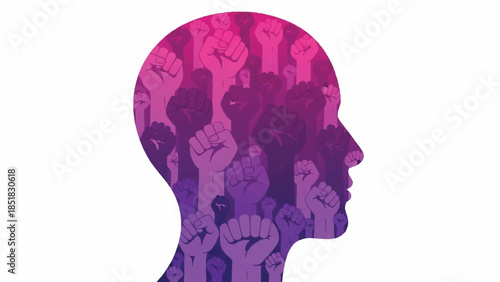 Human Head Silhouette with Raised Fists, Symbolizing Inner Strength, Collective Empowerment, Activism, and the Fight for Equality