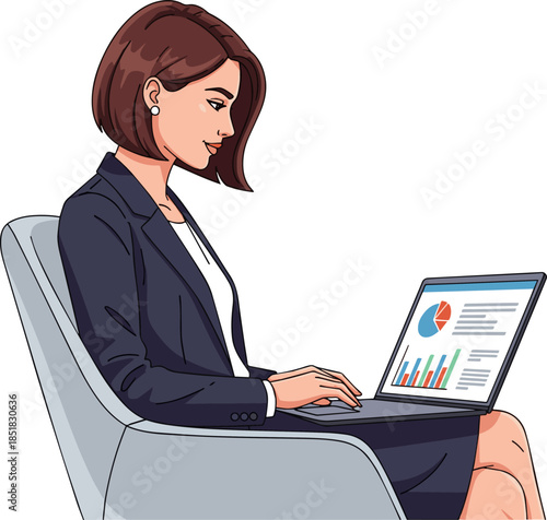 Create a young business woman with laptop sitting on chair vector art with white background...