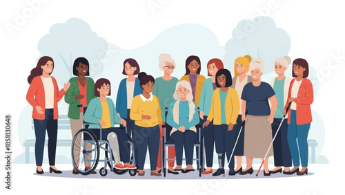 Empowered and diverse multi-generational women, including those with disabilities, stand united outdoors, conveying inclusion, support, and strong community spirit
