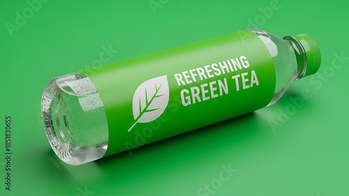 Close-up shot of a clear plastic bottle of refreshing green tea on a green background with a leaf logo and white text.